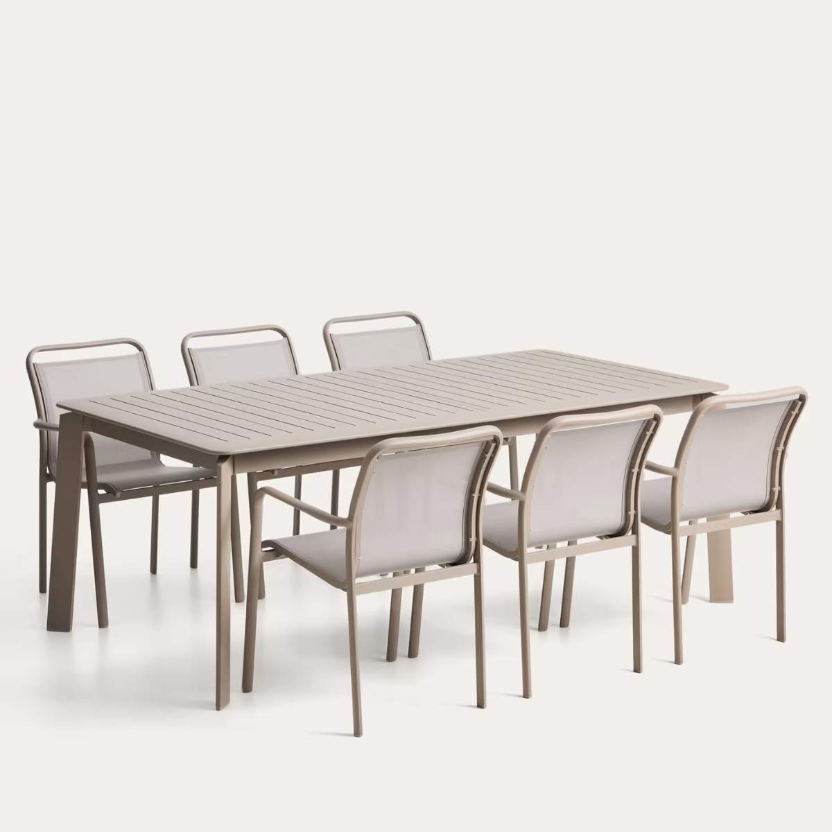 Kave Home Set with Brela extendable table in ecru aluminium and 6 Luri chairs in ecru aluminium and beige texteline 205(287)x100cm