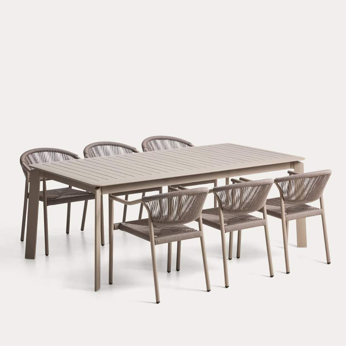 Kave Home Set with Brela aluminium extendable table and 6 Livadia stackable chairs in ecru aluminium and synthetic rope cord 205(287) x 100cm