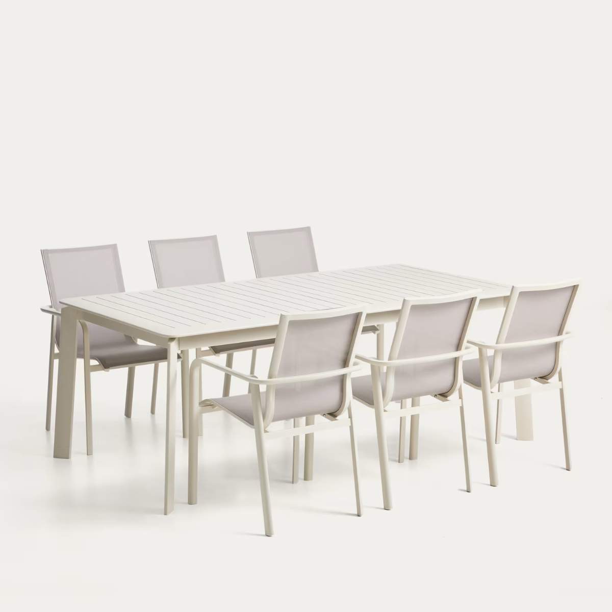 Kave Home Set with Brela extendable table in ecru aluminium and 6 stackable Canea chairs in ecru aluminium and beige texteline 205(287)x100 cm