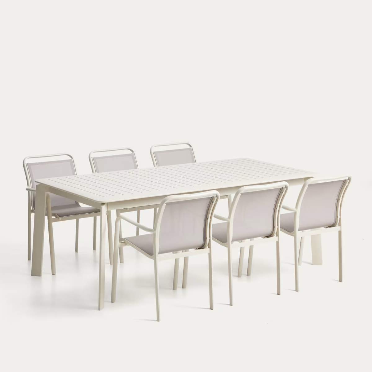 Kave Home Set with Brela extendable table in ecru aluminium and 6 Luri chairs in ecru aluminium and beige texteline 205(287)x100cm