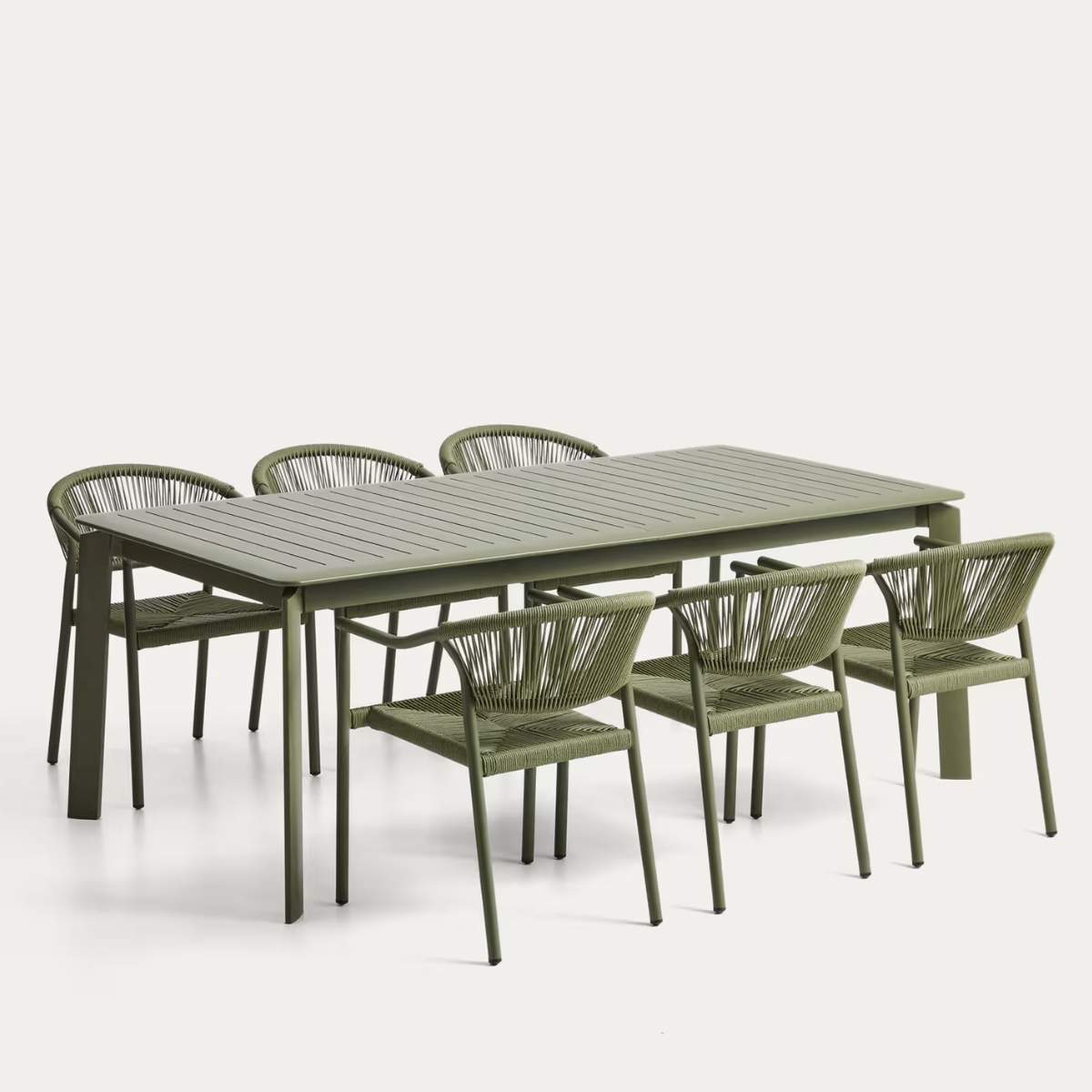 Kave Home Set with Brela aluminium extendable table and 6 Livadia stackable chairs in ecru aluminium and synthetic rope cord 205(287) x 100cm