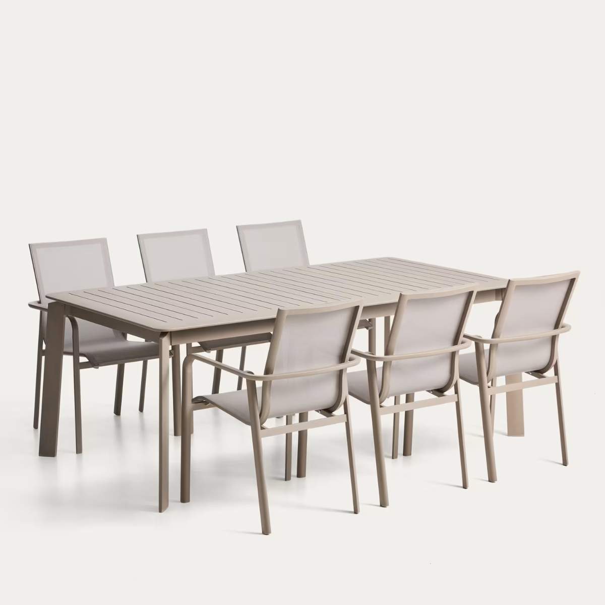 Kave Home Set with Brela extendable table in ecru aluminium and 6 stackable Canea chairs in ecru aluminium and beige texteline 205(287)x100 cm