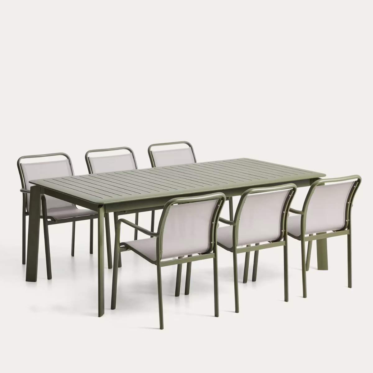 Kave Home Set with Brela extendable table in ecru aluminium and 6 Luri chairs in ecru aluminium and beige texteline 205(287)x100cm