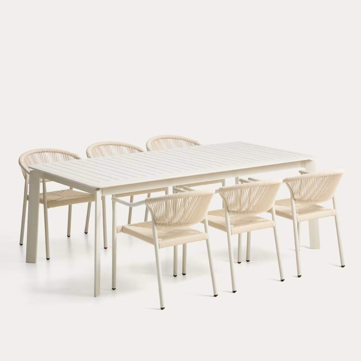 Kave Home Set with Brela aluminium extendable table and 6 Livadia stackable chairs in ecru aluminium and synthetic rope cord 205(287) x 100cm