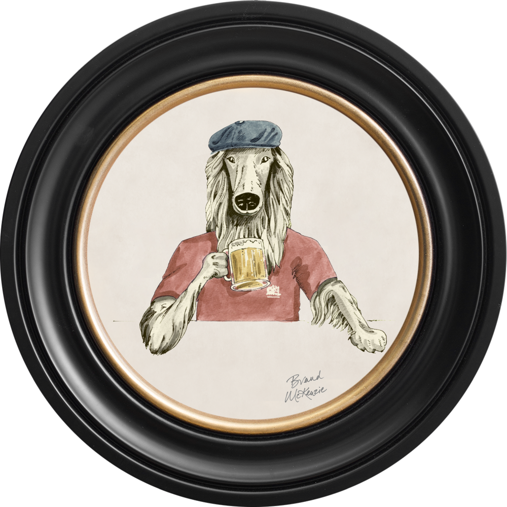 Brand McKenzie Happy Hour Bruce Framed Round Art Print with Chalk White Background