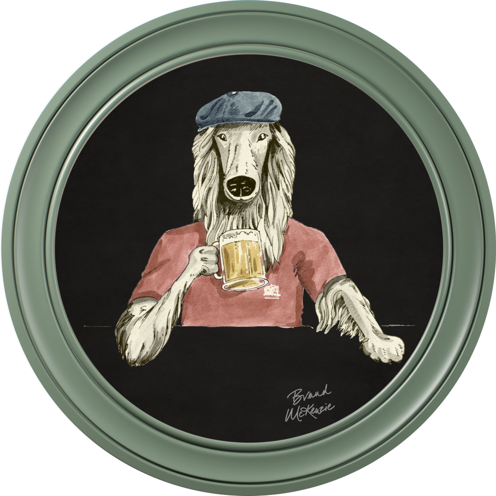 Brand McKenzie Happy Hour Bruce Framed Round Art Print with Charcoal Black Background