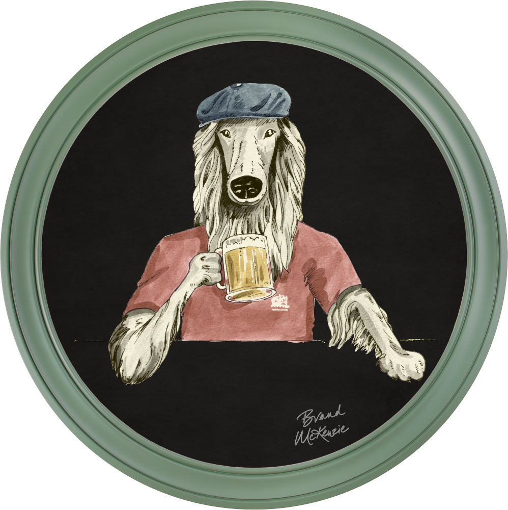 Brand McKenzie Happy Hour Bruce Framed Round Art Print with Charcoal Black Background