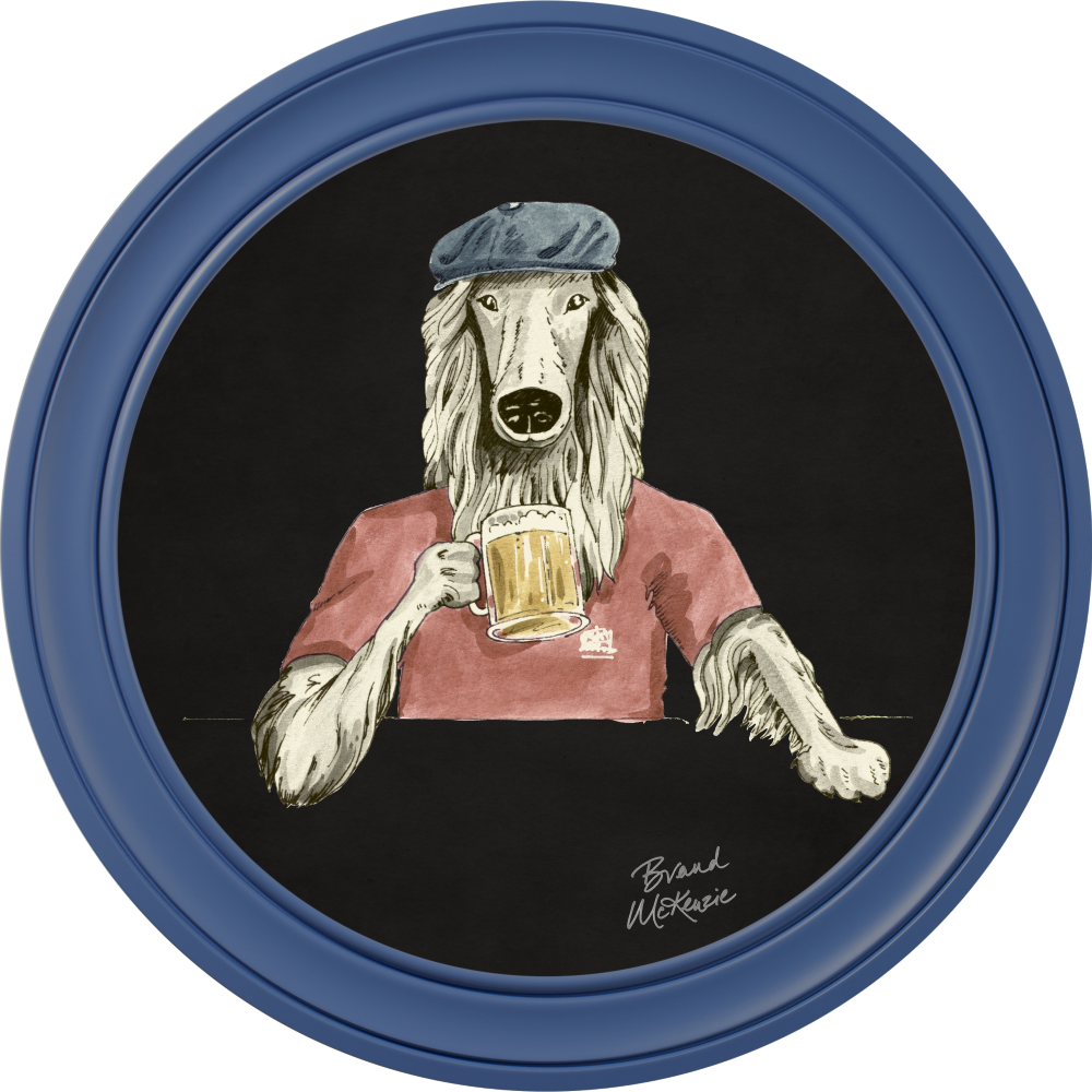 Brand McKenzie Happy Hour Bruce Framed Round Art Print with Charcoal Black Background