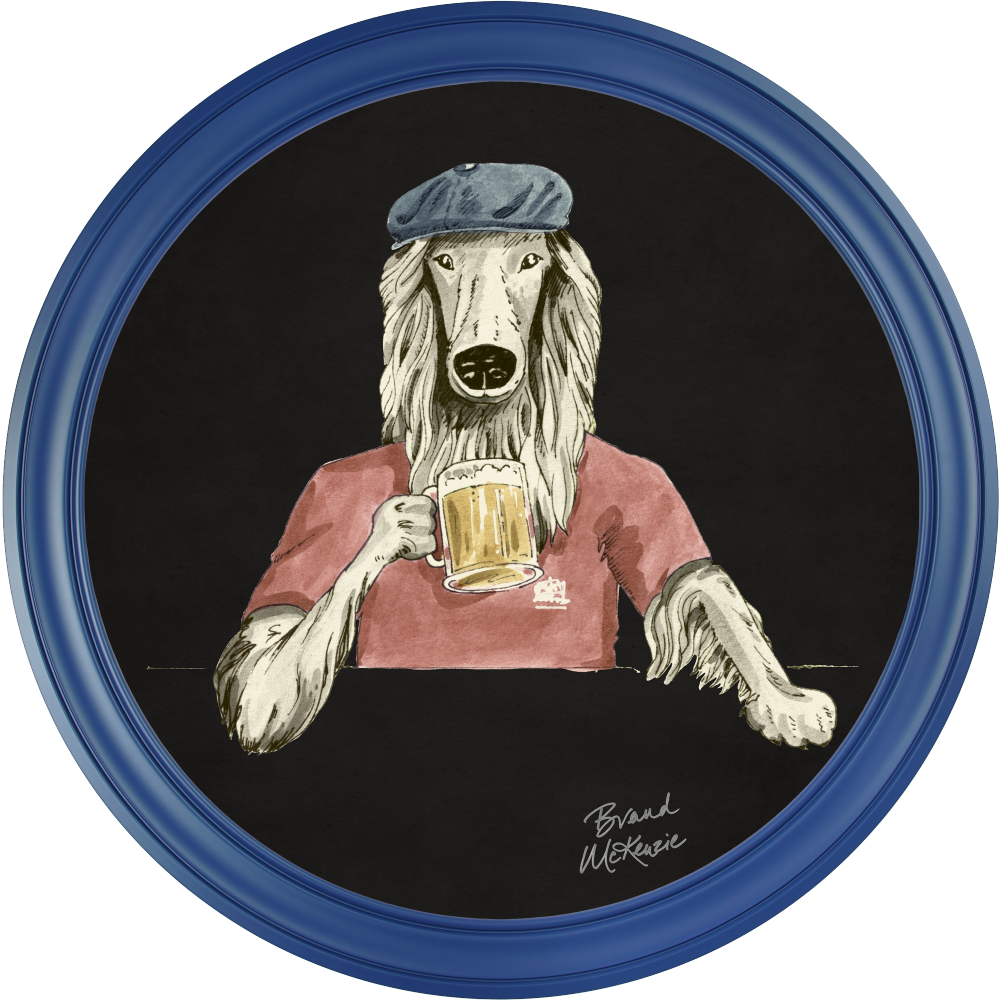 Brand McKenzie Happy Hour Bruce Framed Round Art Print with Charcoal Black Background