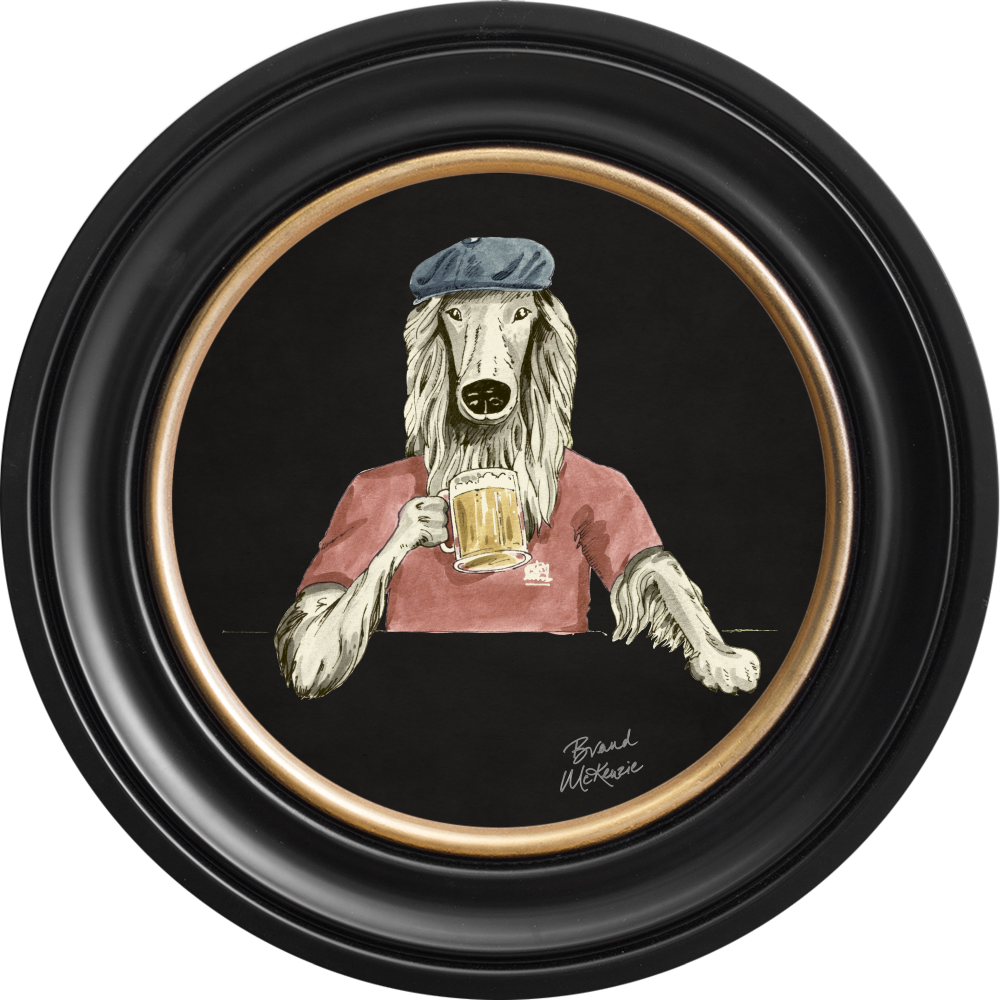 Brand McKenzie Happy Hour Bruce Framed Round Art Print with Charcoal Black Background