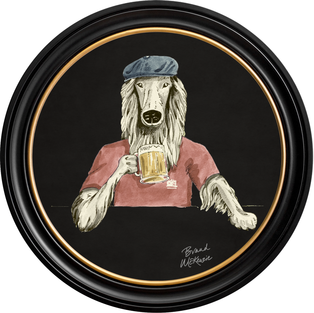 Brand McKenzie Happy Hour Bruce Framed Round Art Print with Charcoal Black Background