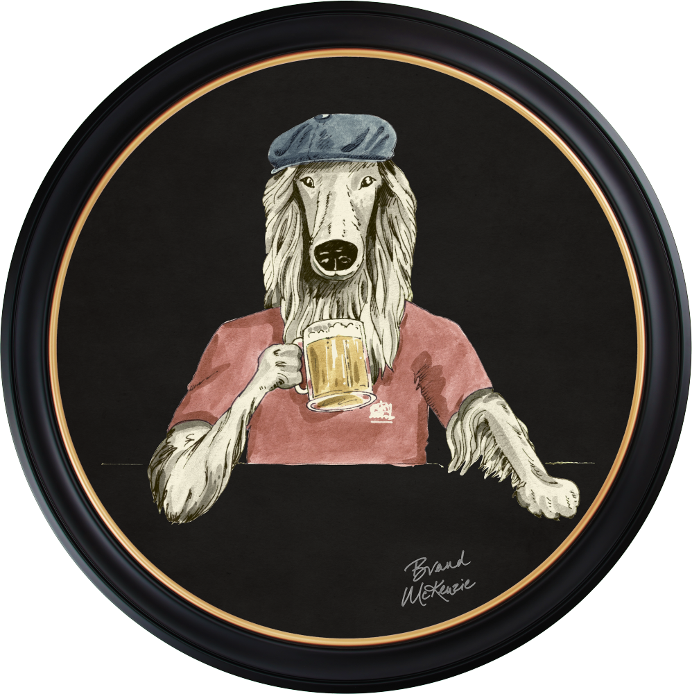 Brand McKenzie Happy Hour Bruce Framed Round Art Print with Charcoal Black Background