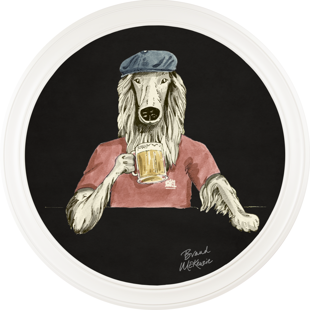 Brand McKenzie Happy Hour Bruce Framed Round Art Print with Charcoal Black Background