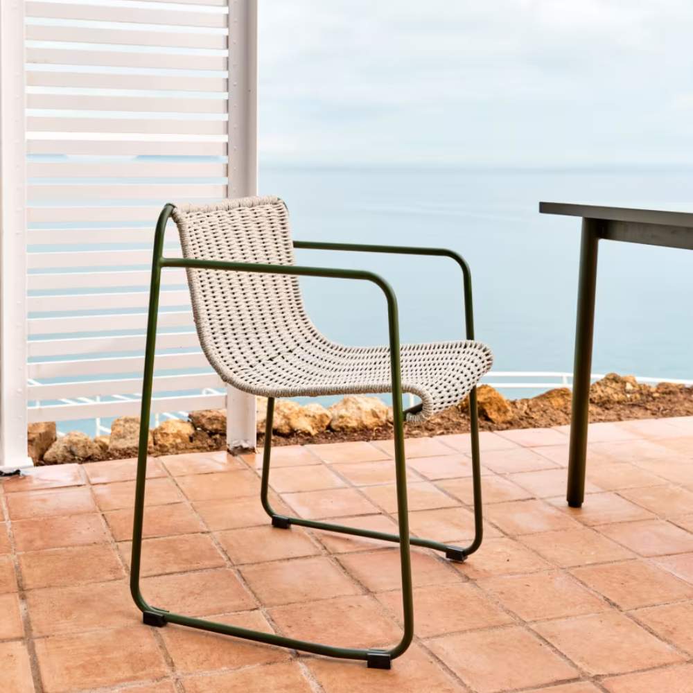 Kave Home Maurina Chair in Green Galvanised Steel with Ecru and Grey Rope Cord