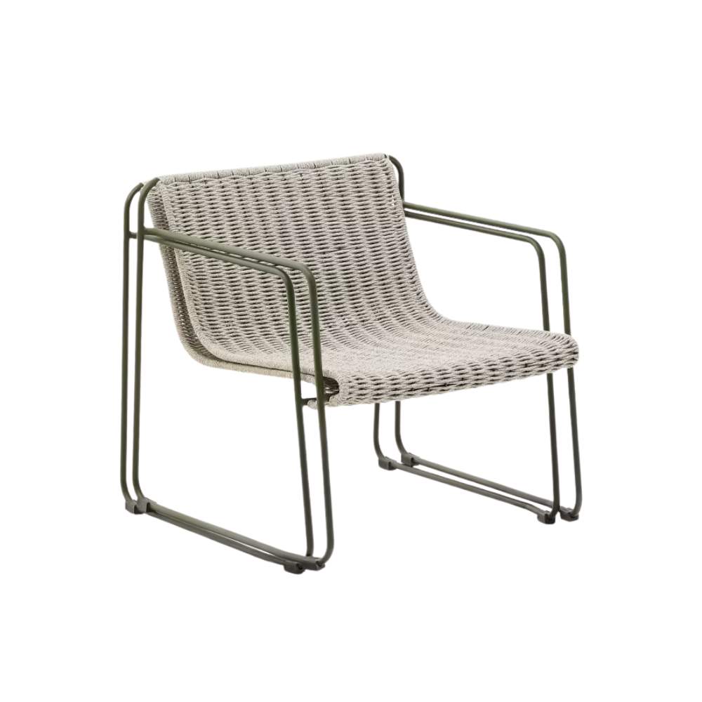 Kave Home Maurina Stackable Armchair in Green Galvanised Steel with Ecru and Grey Rope Cord