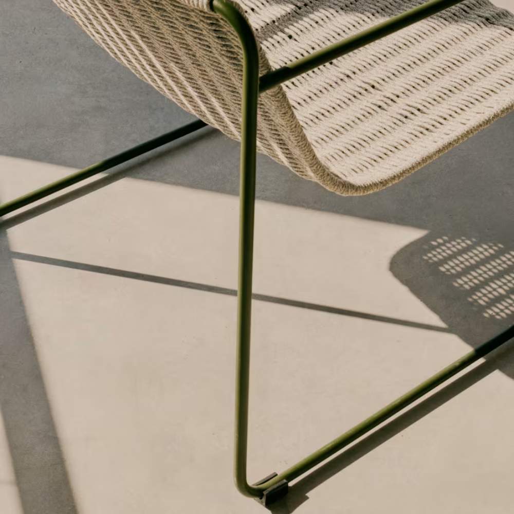 Kave Home Maurina Stackable Armchair in Green Galvanised Steel with Ecru and Grey Rope Cord
