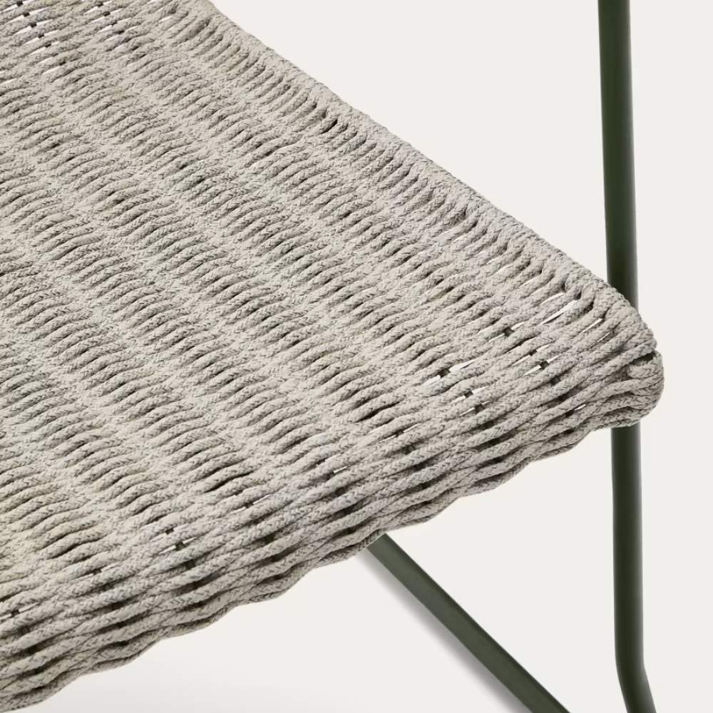Kave Home Maurina Stackable Armchair in Green Galvanised Steel with Ecru and Grey Rope Cord