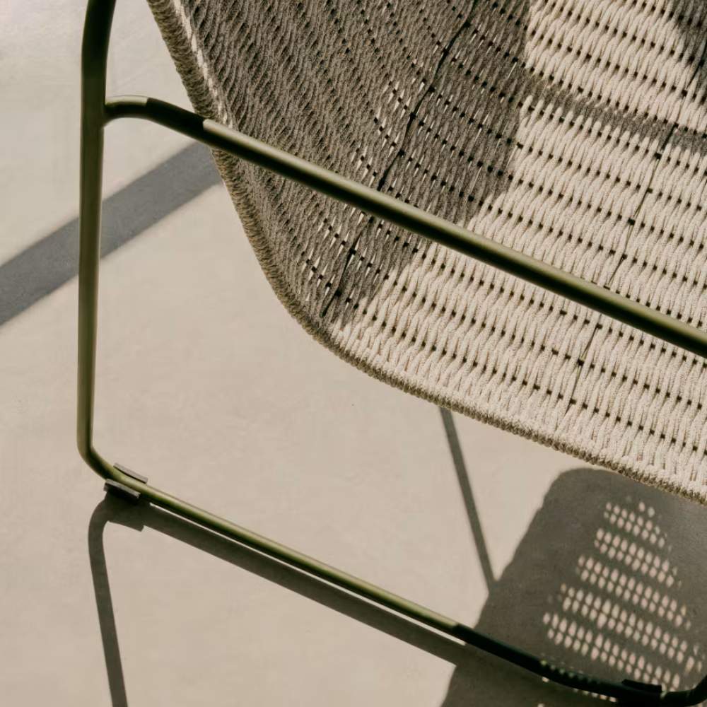 Kave Home Maurina Stackable Armchair in Green Galvanised Steel with Ecru and Grey Rope Cord