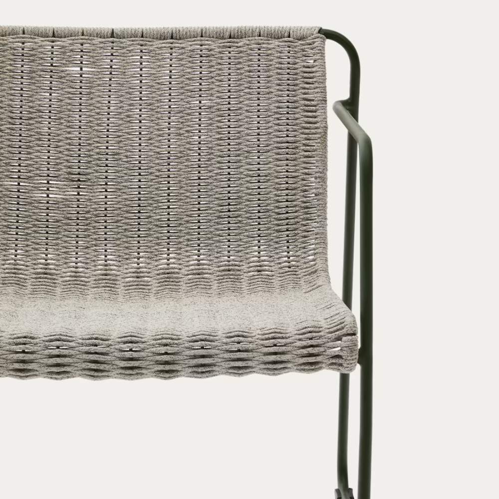 Kave Home Maurina Stackable Armchair in Green Galvanised Steel with Ecru and Grey Rope Cord