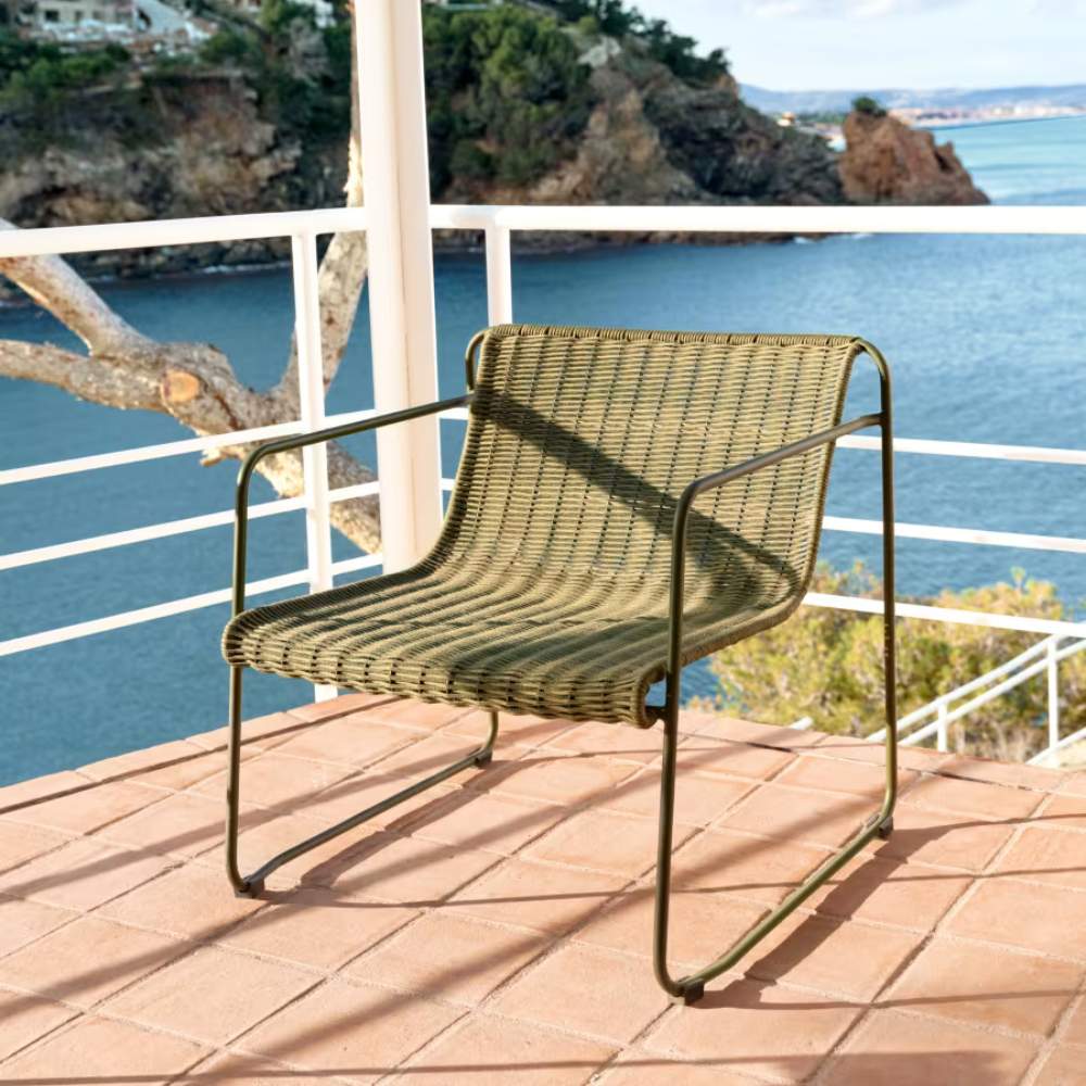 Kave Home Maurina Stackable Armchair in Green Galvanised Steel and Green Rope Cord