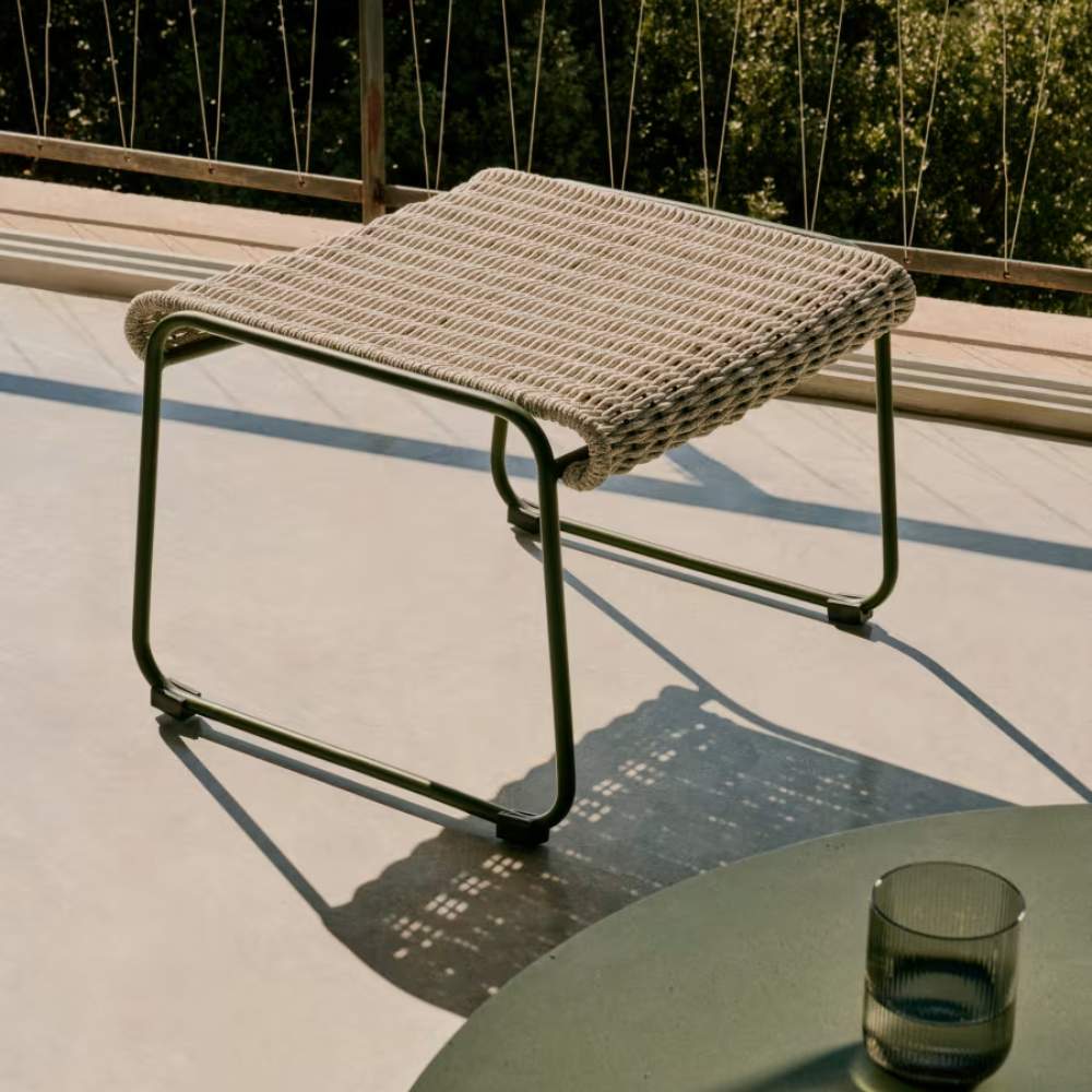 Kave Home Maurina Footrest – Green Galvanised Steel with Ecru and Grey Rope Cord, 58 x 52.5 cm