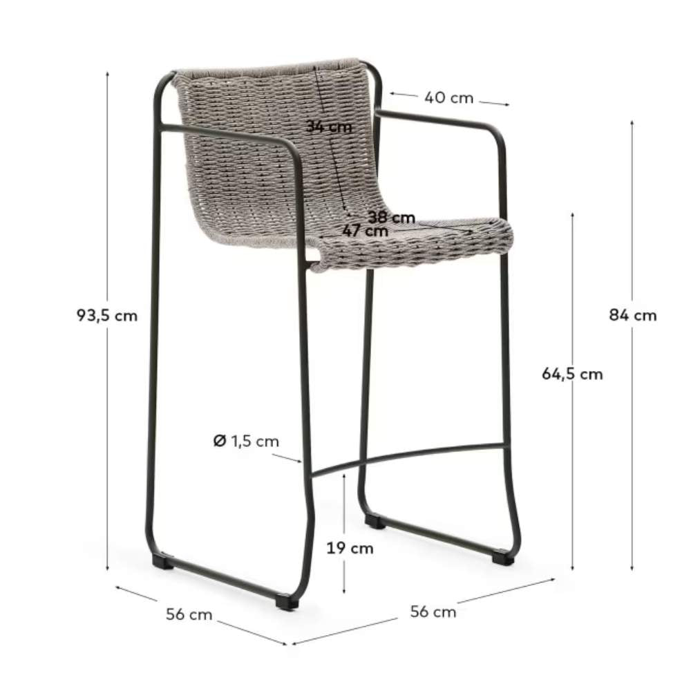 Kave Home Maurina Stool – Green Galvanised Steel with Ecru and Grey Rope Cord, 64.5cm