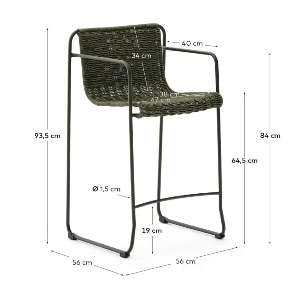 Kave Home Maurina Stool – Green Galvanised Steel & Rope Cord, 64.5cm