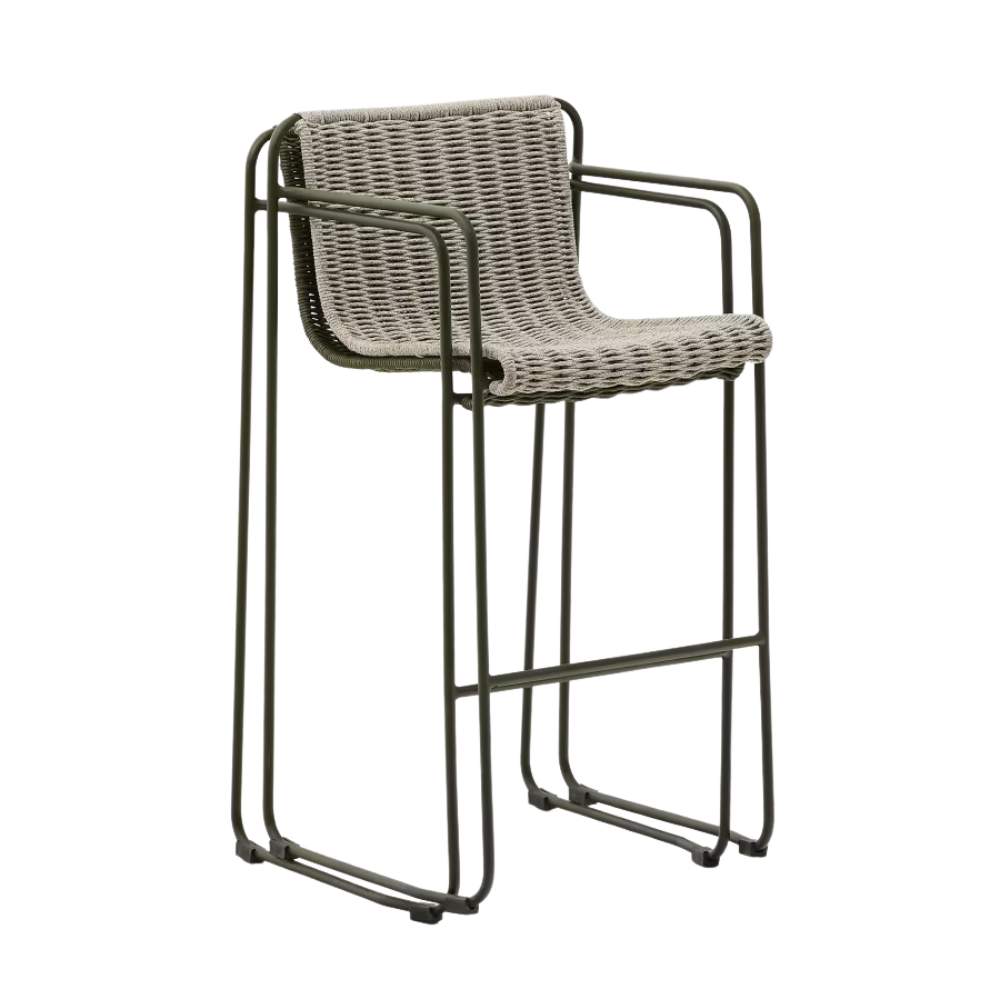 Kave Home Maurina Stool in Green Galvanized Steel with Ecru and Grey Rope Cord, 74.5cm