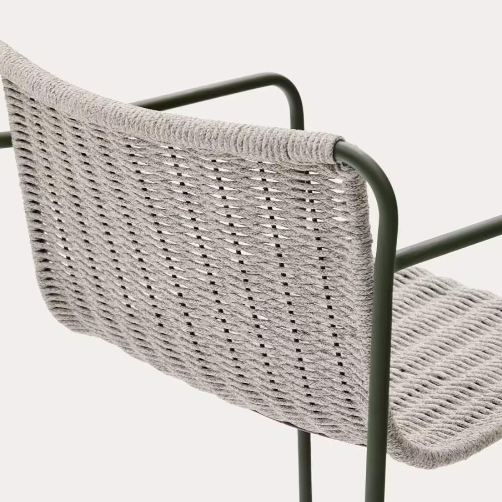 Kave Home Maurina Stool in Green Galvanized Steel with Ecru and Grey Rope Cord, 74.5cm