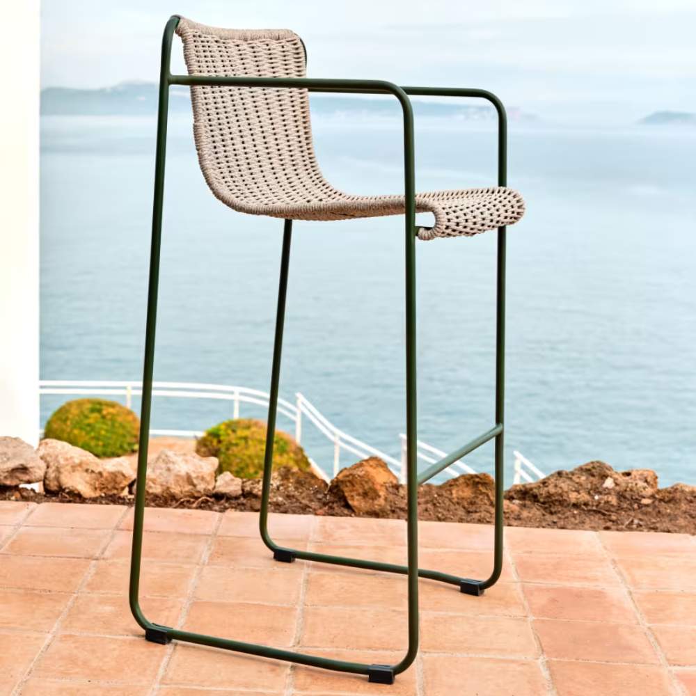 Kave Home Maurina Stool in Green Galvanized Steel with Ecru and Grey Rope Cord, 74.5cm