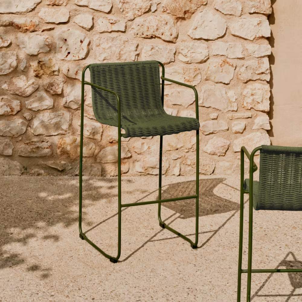 Kave Home Maurina Stackable Stool – Green Galvanised Steel & Rope Cord, 74.5cm