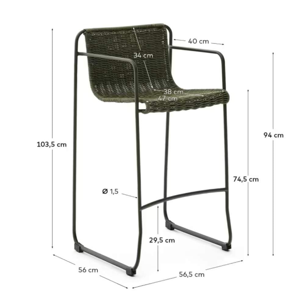 Kave Home Maurina Stackable Stool – Green Galvanised Steel & Rope Cord, 74.5cm