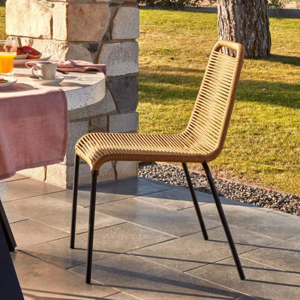 Kave Home Lambton Stackable Chair – Brown Rope and Black Steel Finish