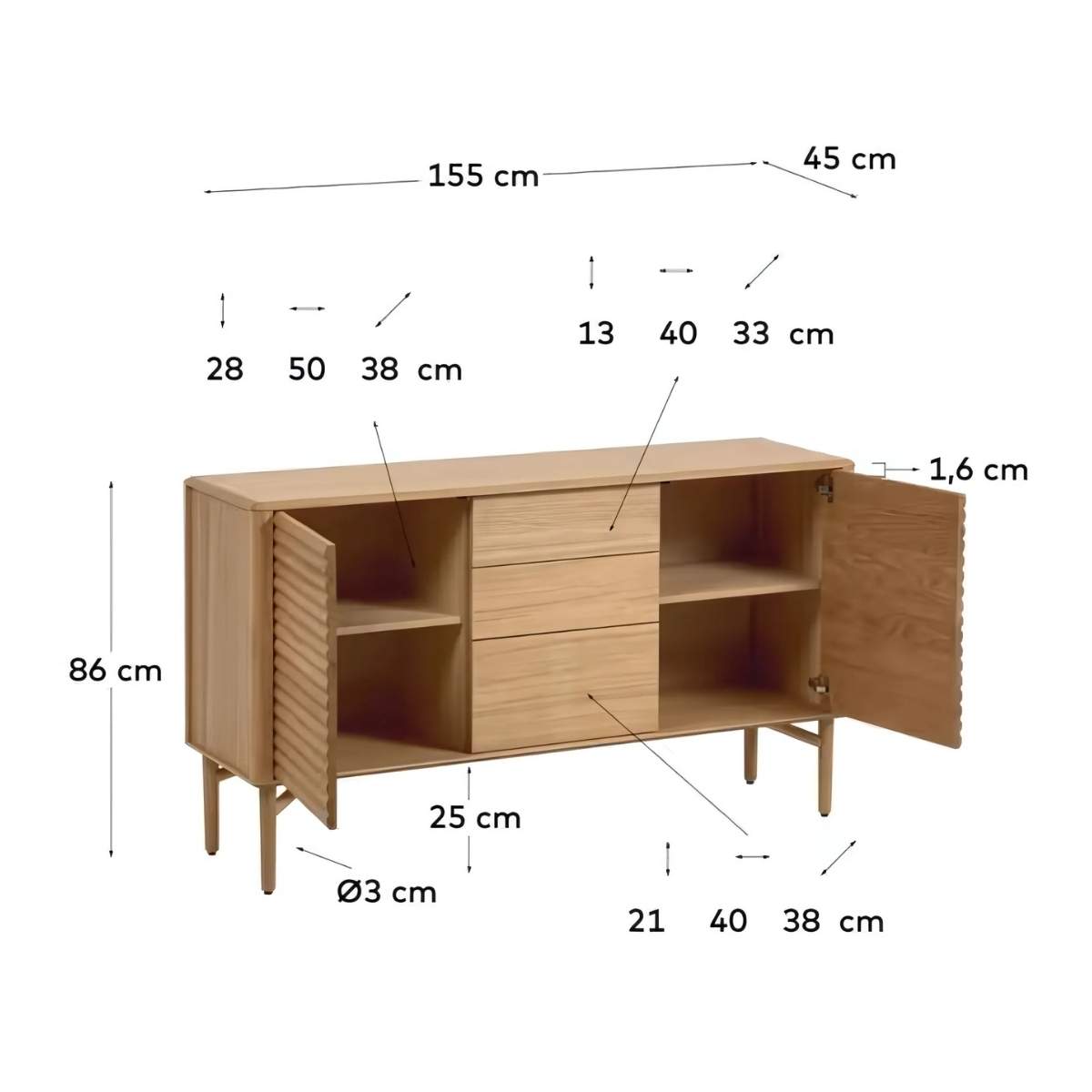 Kave Home Lenon Oak Wood And Veneer Sideboard With 2 Doors & 3 Drawers-Beaumonde