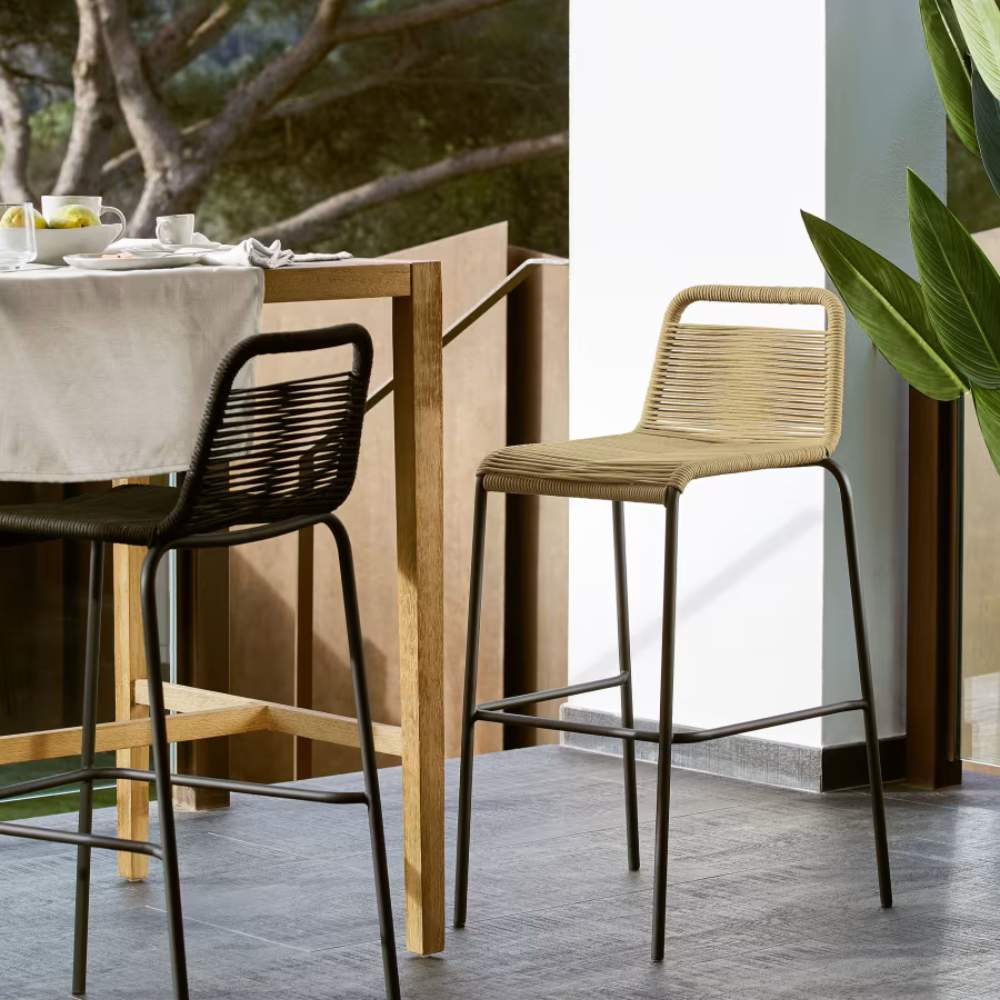 Kave Home Lambton Stackable Stool – Brown Rope & Black Steel Finish, 74 cm