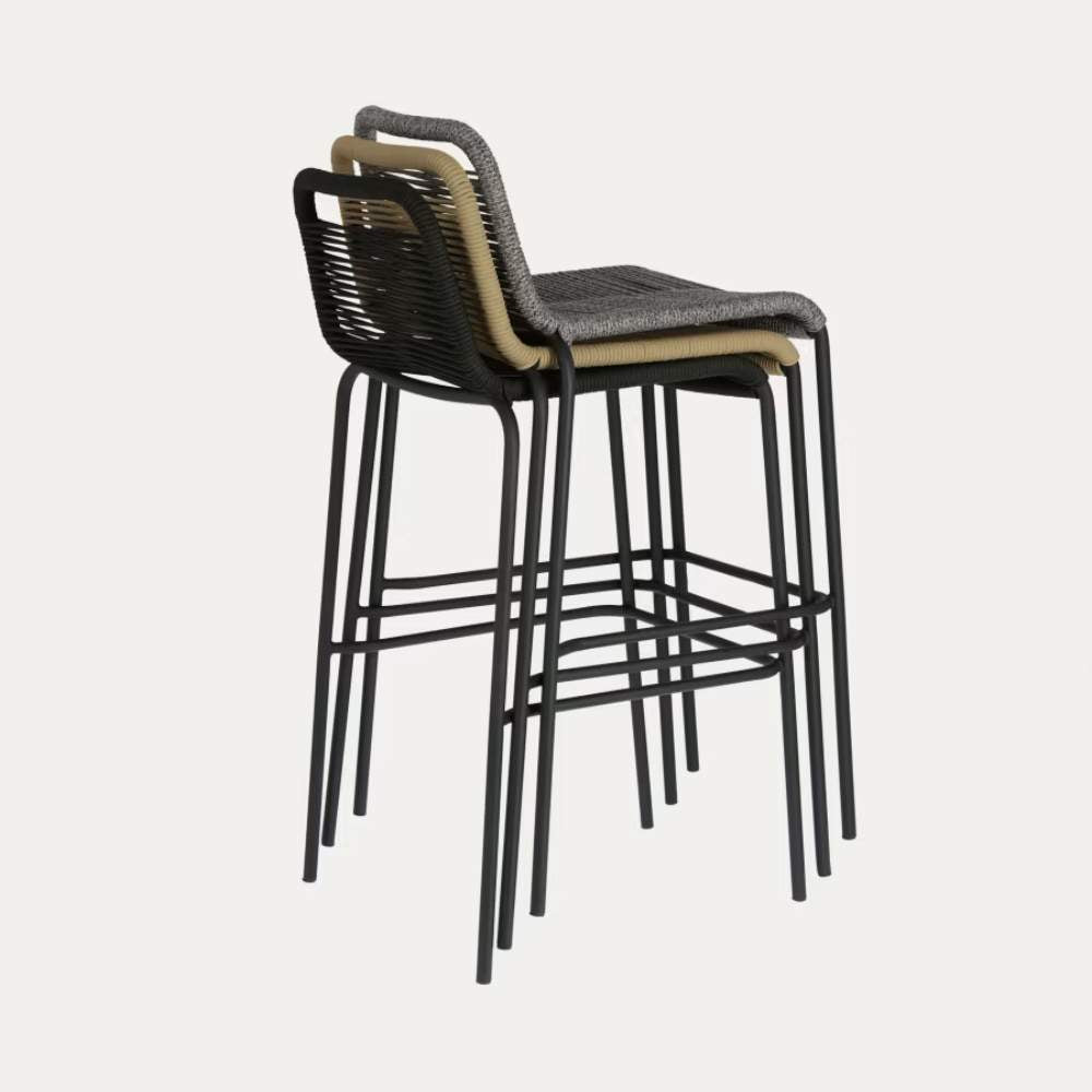 Kave Home Lambton Stackable Stool – Brown Rope & Black Steel Finish, 74 cm