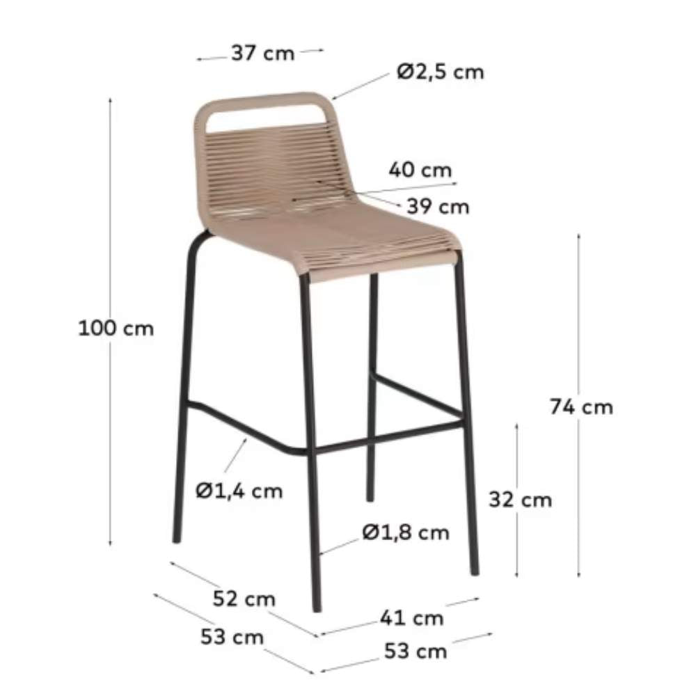 Kave Home Lambton Stackable Stool – Brown Rope & Black Steel Finish, 74 cm