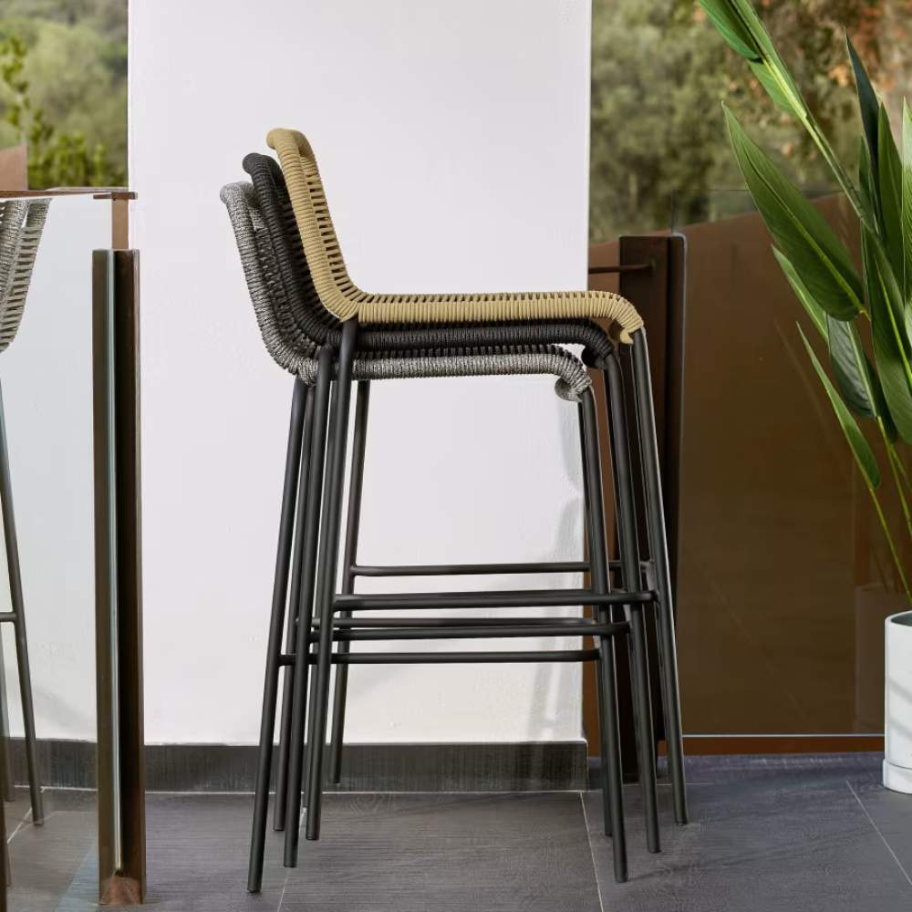 Kave Home Lambton Stackable Stool – Brown Rope & Black Steel Finish, 74 cm