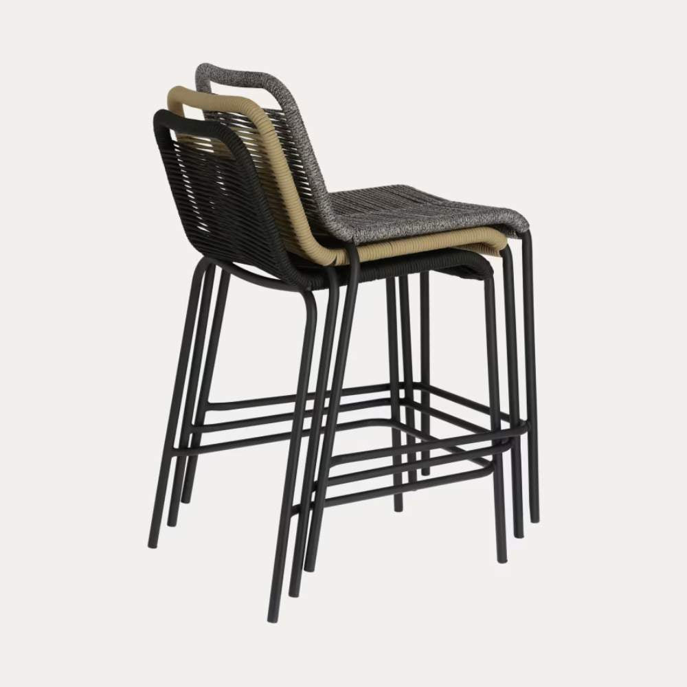 Kave Home Lambton Stackable Stool in Brown Rope and Black Finish Steel, 62 cm