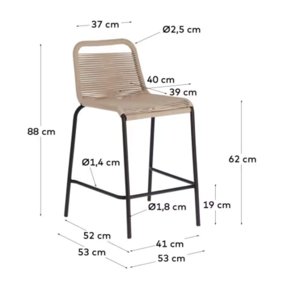 Kave Home Lambton Stackable Stool in Brown Rope and Black Finish Steel, 62 cm