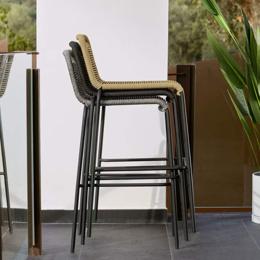 Kave Home Lambton Stackable Stool in Brown Rope and Black Finish Steel, 62 cm