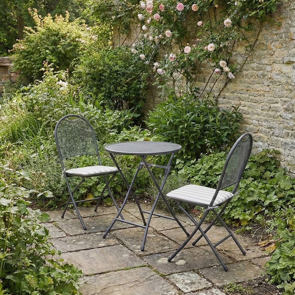 Pacific Lifestyle Cafe Latte Balcony Folding Round Set with Grey Striped/Plain Cushions