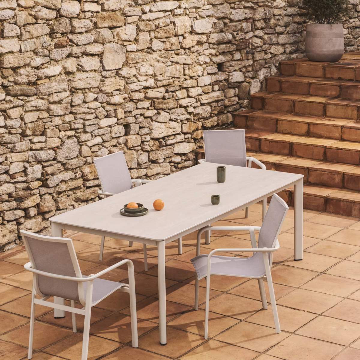 Kave Home Canea stackable outdoor chair in beige texteline and ecru aluminium
