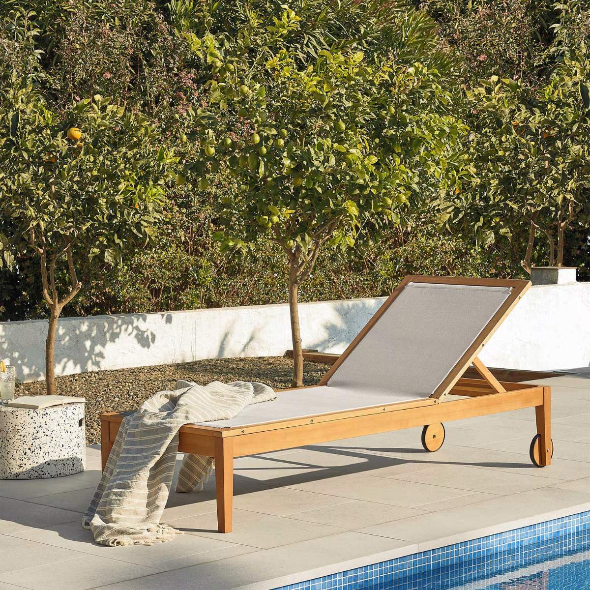 Kave Home Caterin solid eucalyptus wood outdoor sun lounger in beige, FSC 100%