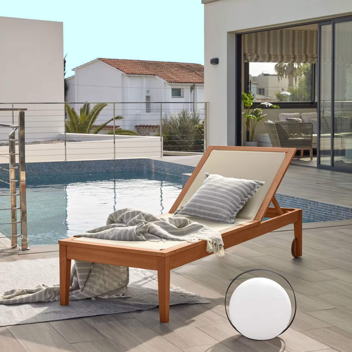 Kave Home Caterin solid eucalyptus wood outdoor sun lounger in beige, FSC 100%