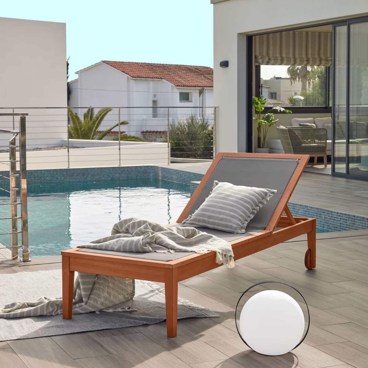 Kave Home Caterin solid eucalyptus wood outdoor sun lounger in beige, FSC 100%