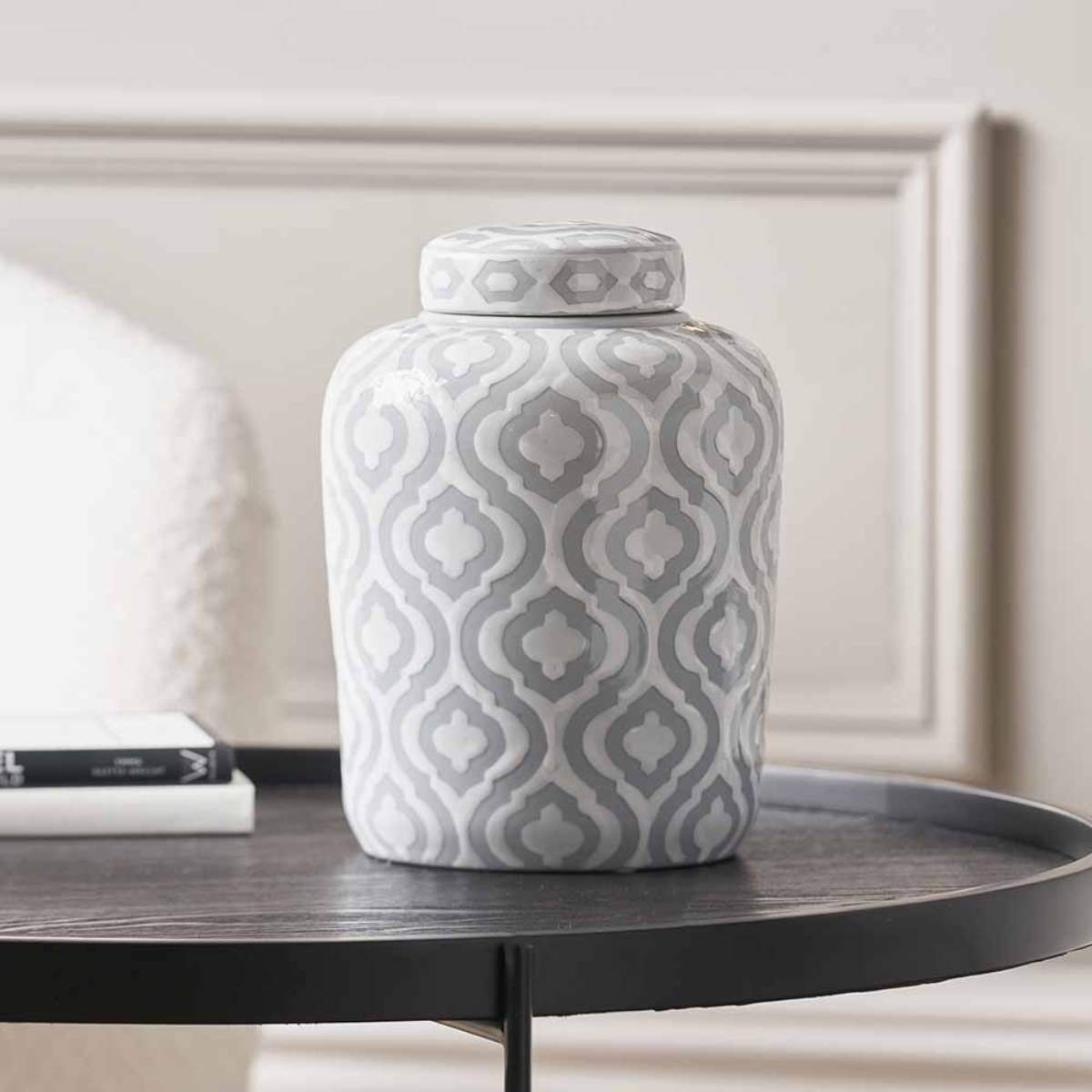 Pacific Lifestyle Celia Grey and White Ceramic Geo Pattern Lidded Ginger Jar