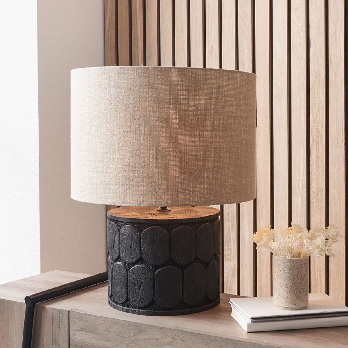 Pacific Lifestyle Cezara Embossed Black Wood Wide Table Lamp Base