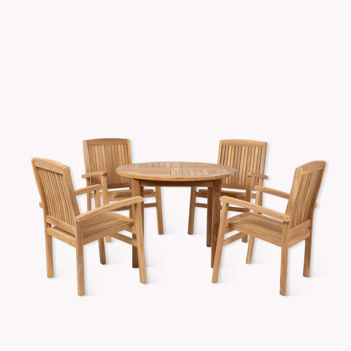 Garden Trading Churn Teak Round Table 100cm & 4 Henley Stacking Armchairs