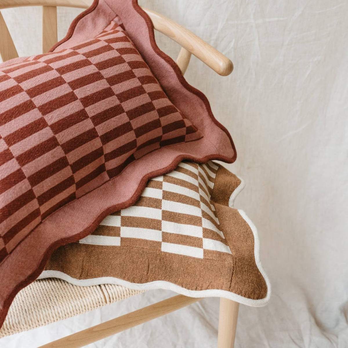 Glassette Cotton Cushion Cover in Camel Checkerboard